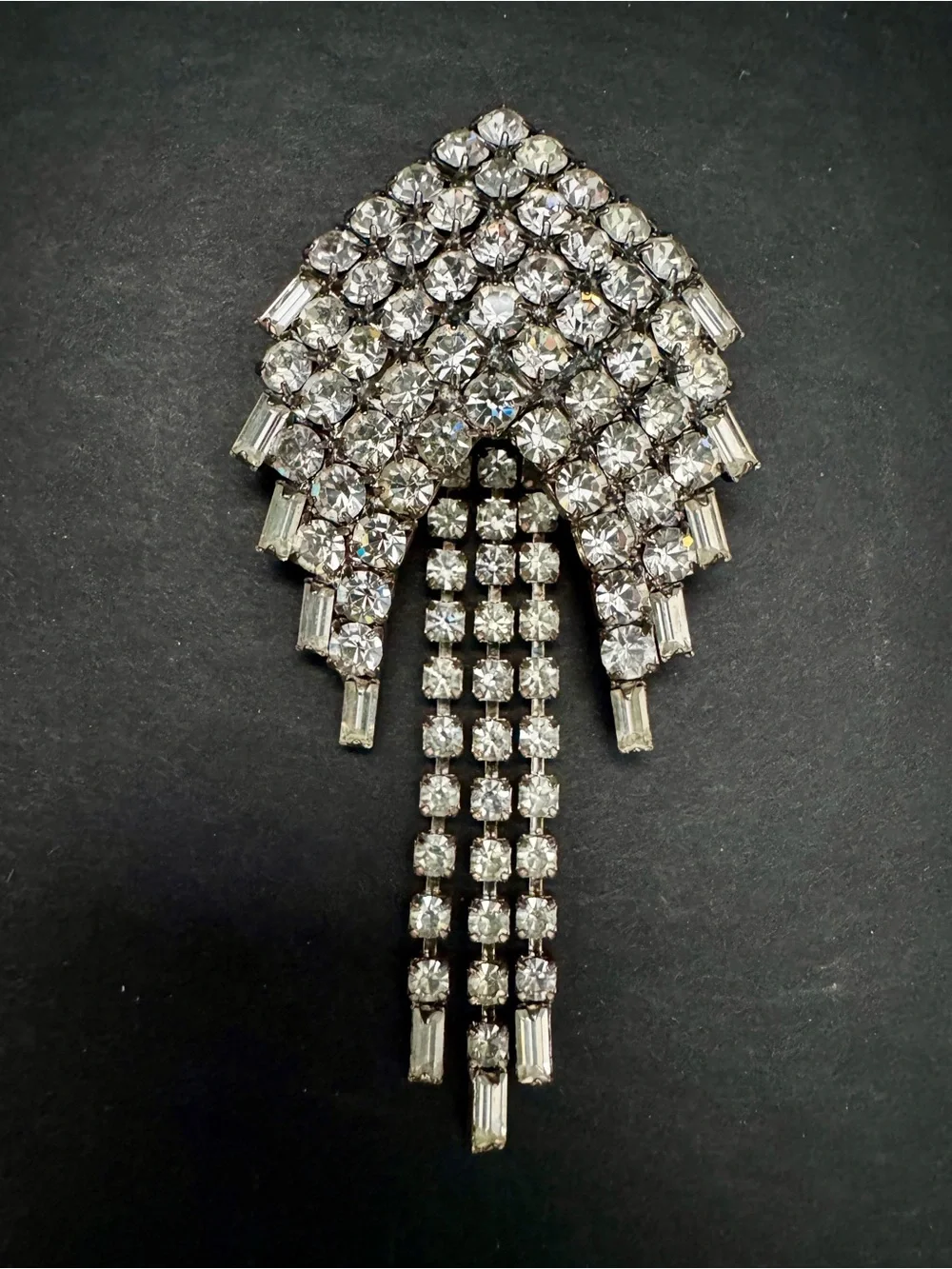 VTG Rhinestone Brooch Domed Pave Crystal Baguette Fringe Tassel Dangle Pin